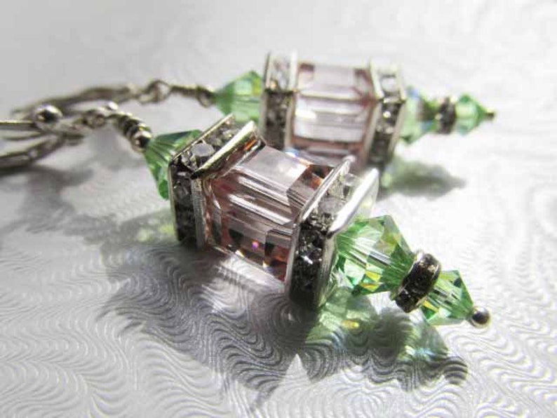 Swarovski Crystal Peridot and Color Changing Cantaloupe Cube Lantern Earrings on Silver Fill Leverbacks image 2