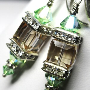 Swarovski Crystal Peridot and Color Changing Cantaloupe Cube Lantern Earrings on Silver Fill Leverbacks image 3