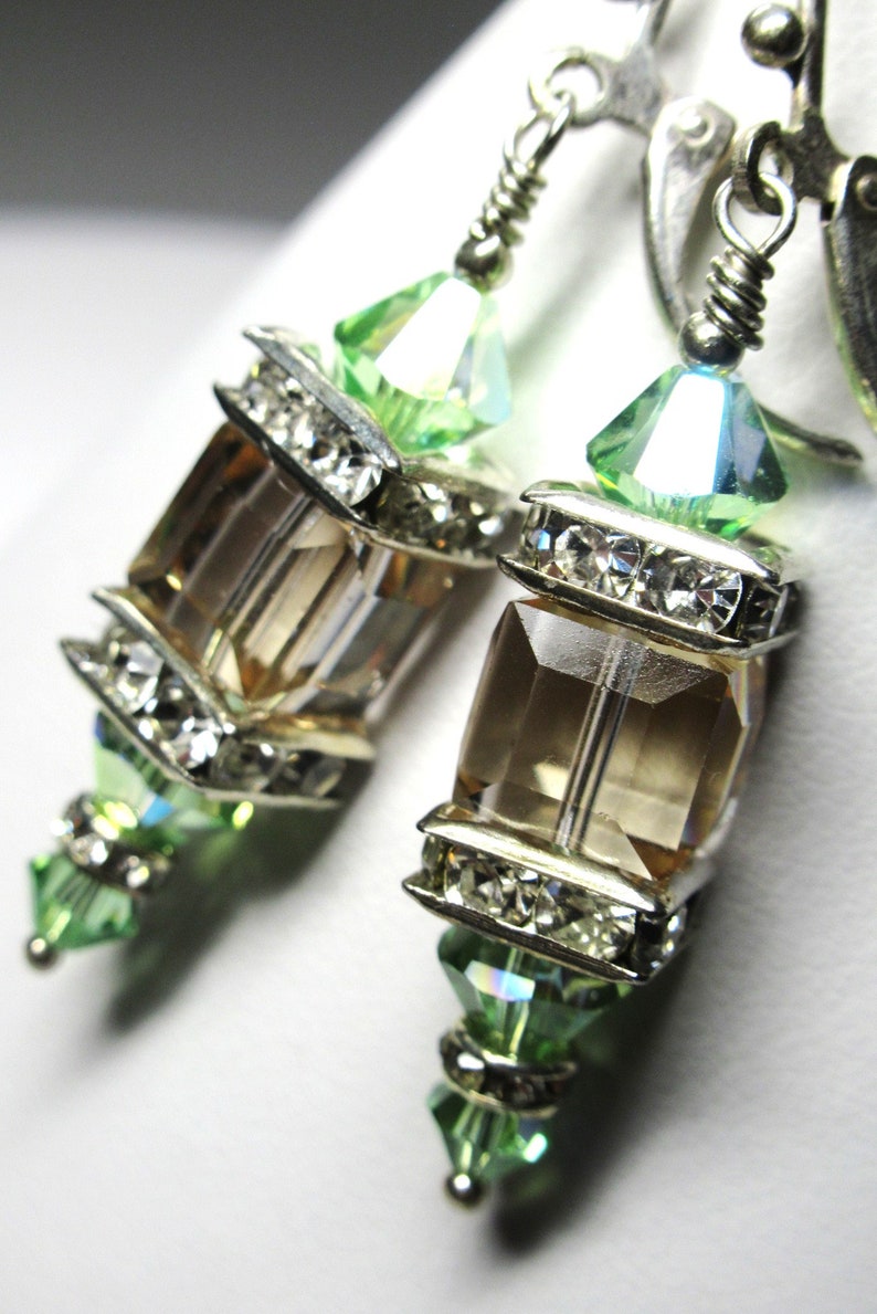 Swarovski Crystal Peridot and Color Changing Cantaloupe Cube Lantern Earrings on Silver Fill Leverbacks image 3