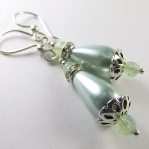 Mint Green Chrysolite Opal Crystal and pearl Teardrop Bridal or Bridesmaid Earrings on Sterling Silver Wires