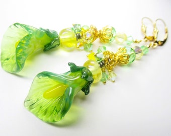 NEW Lampwork Glass Calla Lily and Swarovski Crystal Earrings in Lime Green and Yellow with Gold Vermeil and Gold Fill Findings