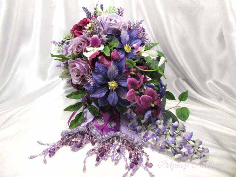 Radiant Orchid Purple, Violet, Lavender, Burgundy and White Cascading Bridal Brooch Bouquet Ready to Ship image 5