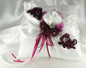 Mulberry Memories Ring Bearer Pillow in Burgundy, Marsala Red, Lilac and White beaded with Swarovski Crystals and Pearls - Ready to Ship