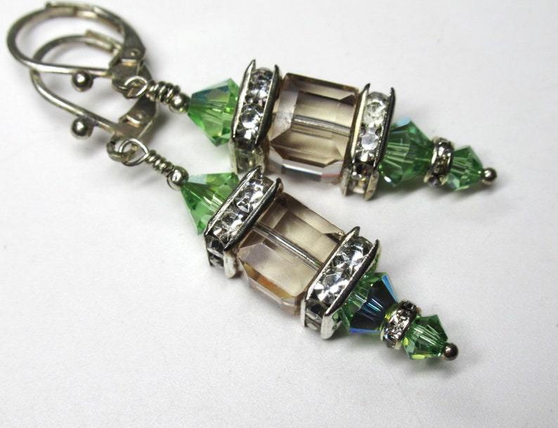 Swarovski Crystal Peridot and Color Changing Cantaloupe Cube Lantern Earrings on Silver Fill Leverbacks image 9