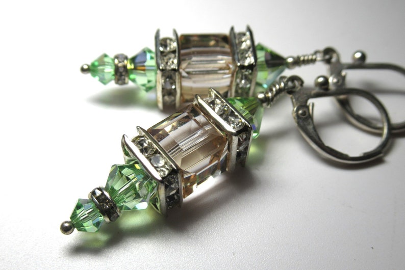 Swarovski Crystal Peridot and Color Changing Cantaloupe Cube Lantern Earrings on Silver Fill Leverbacks image 1