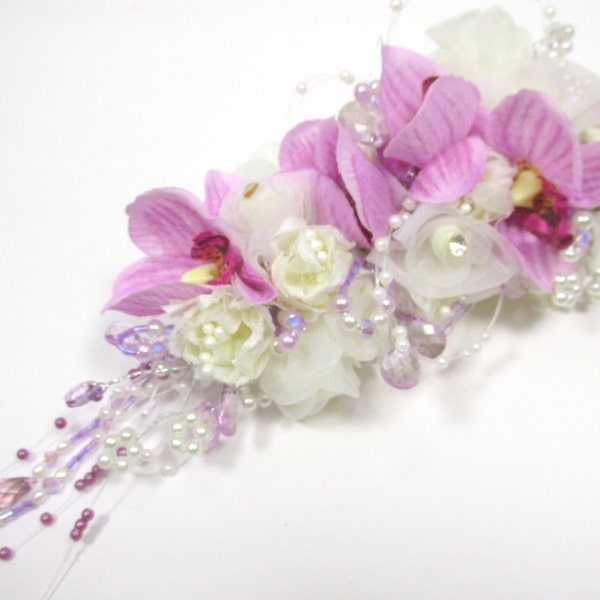 Radiant Orchid Large Beaded Silk Bridal Hair Clip in Lavender and Cream with Austrian Crystals