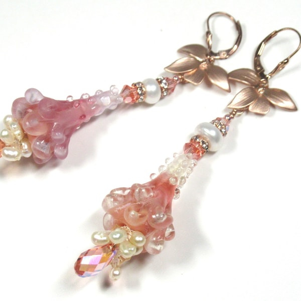 NEW Peach Lampwork Glass and Freshwater Pearl Bridal or Prom Earrings with Swarovski Crystals with Rose Gold Orchid Connectors