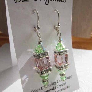 Swarovski Crystal Peridot and Color Changing Cantaloupe Cube Lantern Earrings on Silver Fill Leverbacks image 10