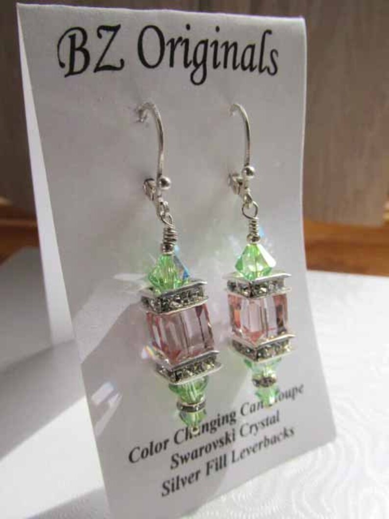 Swarovski Crystal Peridot and Color Changing Cantaloupe Cube Lantern Earrings on Silver Fill Leverbacks image 10