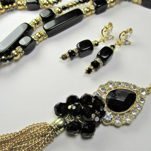 Long Black, Gold 30 Inch Tassel Necklace and Clear Crystal Earring Set