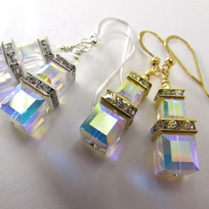 Swarovski Crystal AB Double Stack 8mm and 6mm Square Crystal Cube Earrings on 14k Gold Fill or Sterling Silver - great bridesmaid earrings