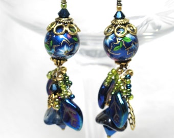 Blue Japanese Tensha Morning Glory Flower Earrings with Swarovski Crystals on Brass