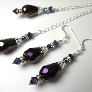 Dark Blue Ultra Violet Purple Double Drop Y Crystal and Austrian Crystal Necklace and Earring Set on Silver