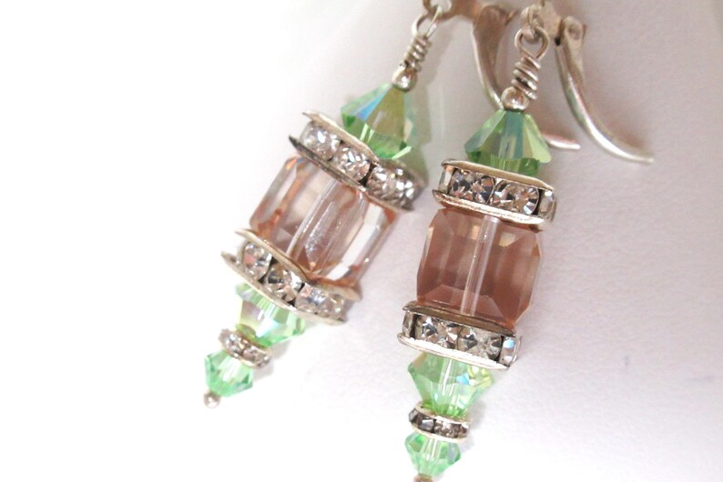 Swarovski Crystal Peridot and Color Changing Cantaloupe Cube Lantern Earrings on Silver Fill Leverbacks image 4