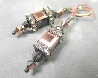 Austrian Crystal Rose Gold and Gray Cubes with Silver Night Rounds Lantern Earrings on Rose Gold Leverback earring wires