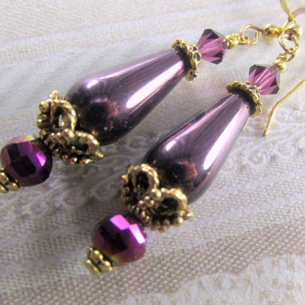 Vintage Style Plum Pearl and  Antique Gold Earrings with Swarovski Crystal Bicones on 14k Gold Fill Earring Wires