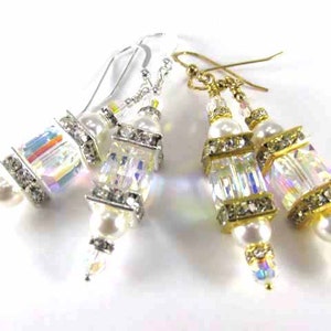 Fine Crystal AB Cubes with White Pearls Art Deco Lantern Bridesmaid Earrings in Gold or Silver