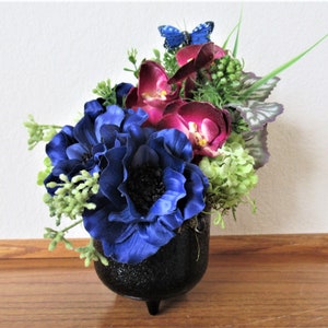 Blue and Black Poppies, Violet Orchids, Green Hydrangea and Butterfly Small Petite Pot Faux Floral Arrangement for Window Sill, Desk or Gift