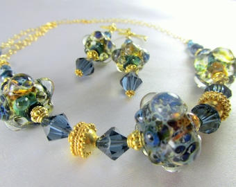 Necklace and Earring Set in Denim Blue, Sapphire and 22k Gold Vermeil Lampwork Glass and European Crystal