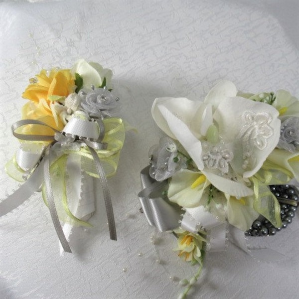 Prom Set in Yellow, Gray and White Orchid, Calla Lily and Rose Pin On Boutonniere and Pearl Wrist Corsage - Ready to Ship