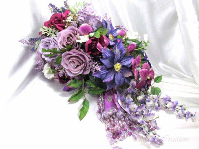 Radiant Orchid Purple, Violet, Lavender, Burgundy and White Cascading Bridal Brooch Bouquet Ready to Ship image 2