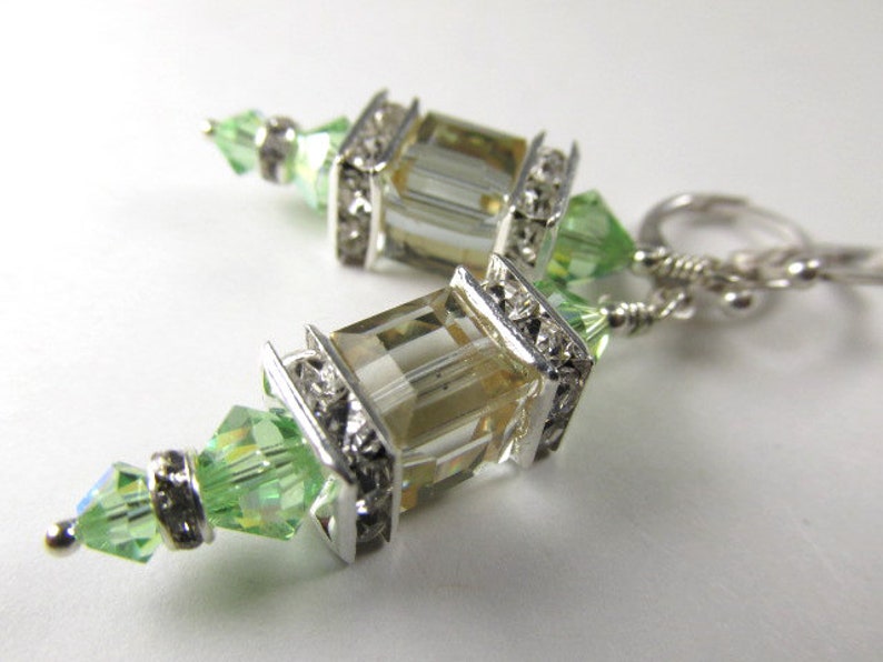 Swarovski Crystal Peridot and Color Changing Cantaloupe Cube Lantern Earrings on Silver Fill Leverbacks image 8