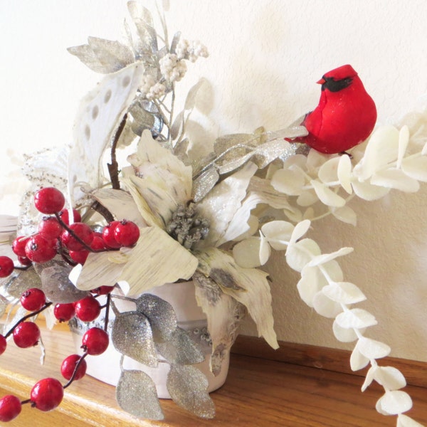 Red Cardinal, Gray & White Christmas Silk Floral Arrangement with Victorian Beaded Butterfly and Vase