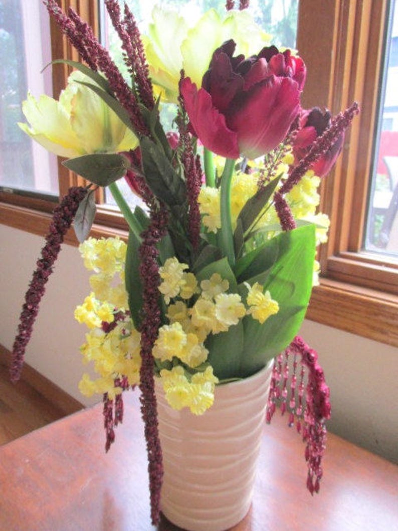 Burgundy Dark Plum and Light Yellow Silk Parrot Tulip Tall Weeping Floral Centerpiece Arrangement