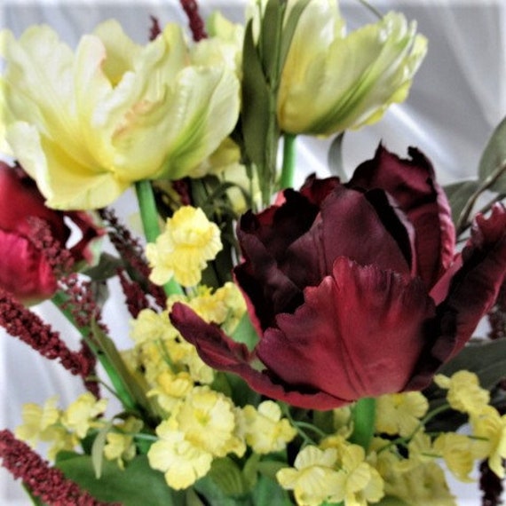 Burgundy Dark Plum and Light Yellow Silk Parrot Tulip Tall Weeping Floral Centerpiece Arrangement