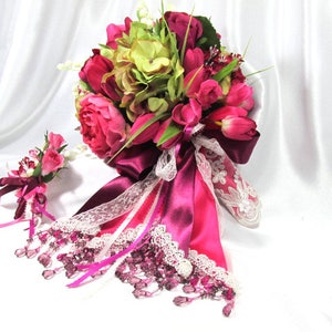 Fuchsia Pink, Burgundy, Green and Cream Cascading Beaded Bridal Bouquet and Boutonniere Set