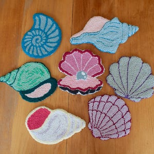 Handmade Seashell Punch Needle Coasters: Coastal Beach Mug Rugs