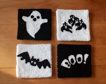 Punch Needle Halloween-onderzetters: handgemaakte mok-tapijten Spooky Ghost & Bats