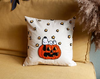 Poszewka na poduszkę z motywem psa i dyni z kreskówki Halloween, poduszka jesienna z igłą, jesienny wystrój domu