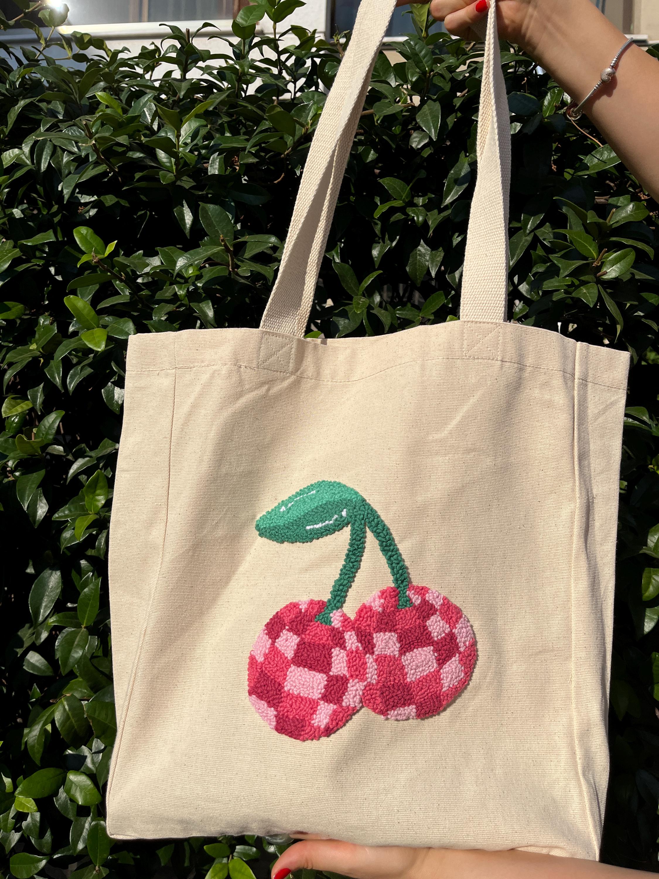 Checkered Cherry Punch Needle Tote Bag, Hand Tufted Canvas 