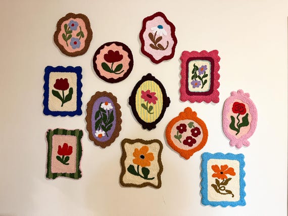 Punch Needle Flower Wall Art, Handmade Embroidered Floral Frame, Textured Fiber Art Decor