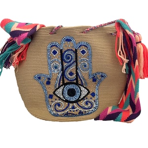 Medium Wayuu Mochila. Shoulder Bag Embroidered Blue Evil Eye-Hand Of Fatima-Flat Round Sequin. Handmade. Crochet. Multicolor Tassels. Boho.