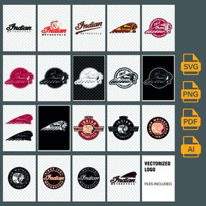 May include: A collection of 16 vectorized logos for Indian Motorcycle, featuring various designs and color schemes. The logos include the iconic Indian Motorcycle logo with a Native American headdress, as well as variations with text, dates, and other details. The logos are available in SVG, PNG, PDF, and AI formats.