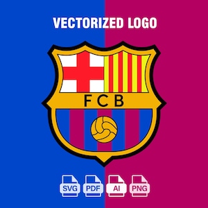 Puede incluir: Un logotipo vectorial de un equipo de fútbol con forma de escudo. El escudo es amarillo con una cruz roja y rayas amarillas y rojas. El texto "FCB" está en el centro del escudo. El escudo está sobre un fondo azul y rojo. El texto "LOGOTIPO VECTORIZADO" está sobre el escudo. Debajo del escudo hay cuatro iconos: SVG, PDF, AI y PNG.