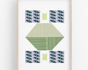 SATELLITE Modern Abstract Geometric Art Print in green lavender purple black and cream