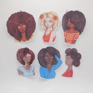 Big hair | Pack de 6 stickers à thème: cheveux bouclés et afro, pour journaling, scrapbooking, appareils électroniques