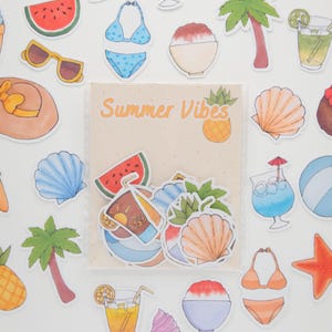 Summer Vibes | Pack de 24 stickers à thème: été, pour journaling, scrapbooking, appareils électroniques
