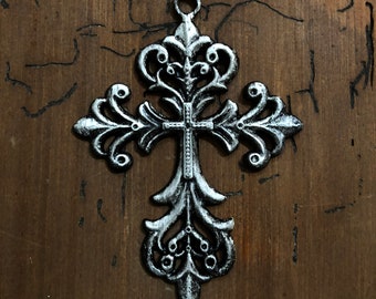 Distressed Filigree Cross White Black Crucifix