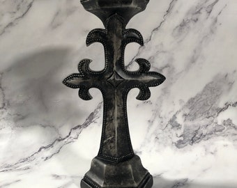 Fleur de Lis Cross candleholder silver black dark art decor gothic goth