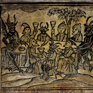 May include: A black and white woodcut illustration depicting a group of figures, some with horns and wings, seated around a table with goblets. The figures appear to be engaged in a lively conversation and drinking. The image is set against a dark background with a tree in the background.