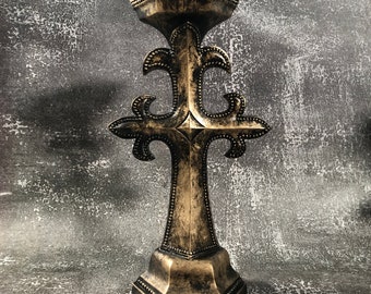 Fleur de Lis Cross candleholder gold black dark art decor gothic goth