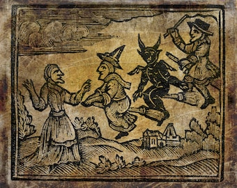 Matted Print 8x10: Witches Flying On Broomsticks - Fine Art 8x10 Print in 11x14 Mat, historic, woodcarving, witchy