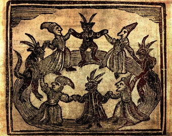 Matted Print 8x10: Witches Dancing In A Circle With The Devil - Fine Art 8x10 Print in 11x14 Mat, historic, woodcarving, witchy