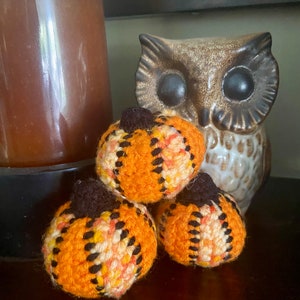 Pu&ograve; includere: Tre piccole zucche all'uncinetto in arancione, giallo e nero con una statuetta di gufo marrone sullo sfondo.