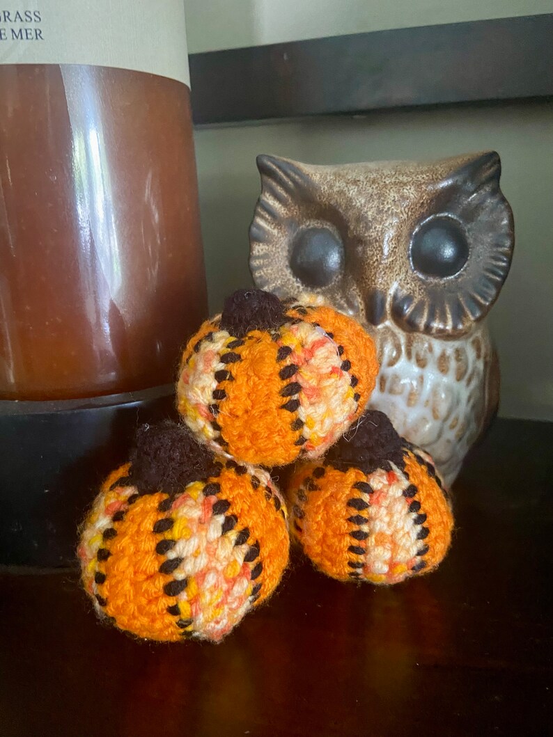 Pu&ograve; includere: Tre piccole zucche all'uncinetto in arancione, giallo e nero con una statuetta di gufo marrone sullo sfondo.
