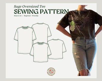 Padrão de costura PDF para camiseta grande Sage | Tamanho incluso 0-32 | Fácil para iniciantes | Ilustrações detalhadas | Ombros caídos | Camiseta curta